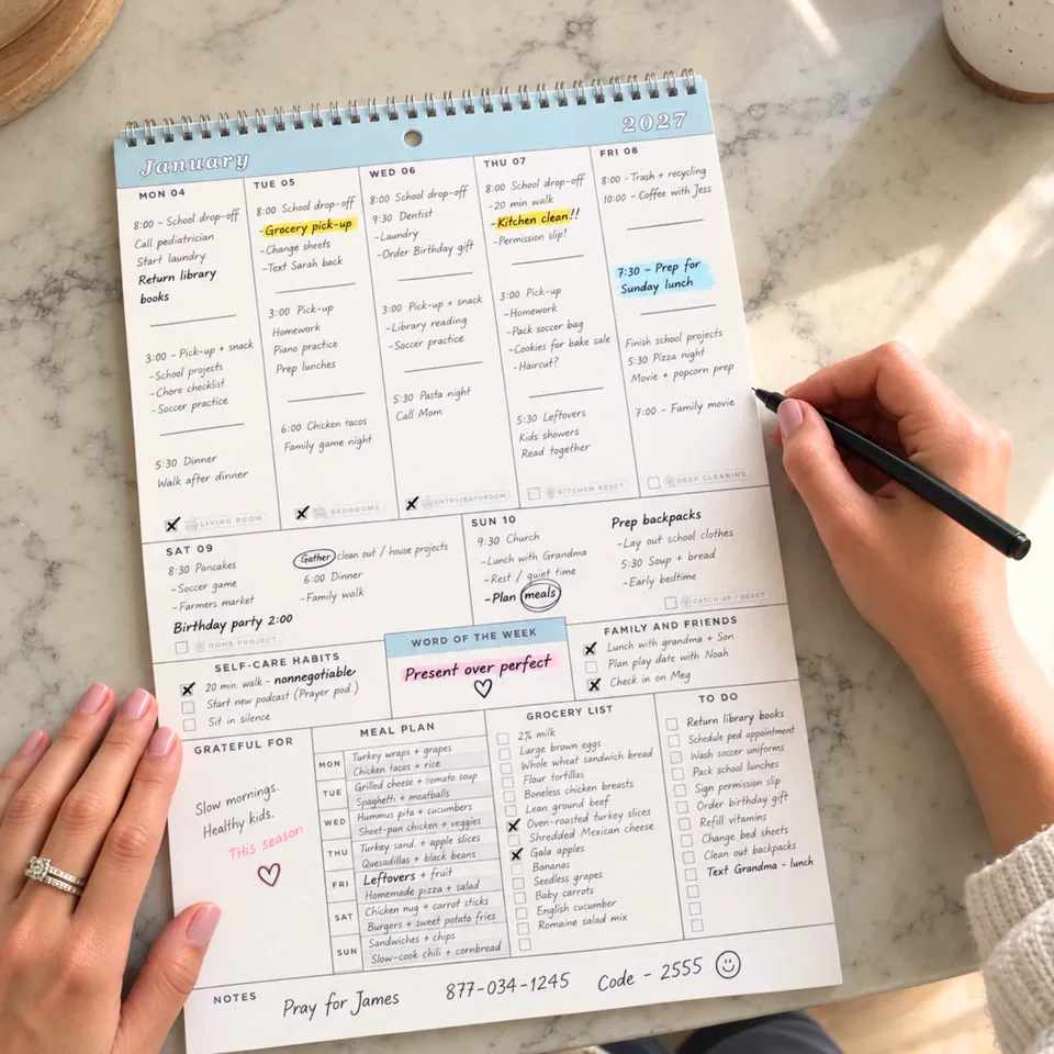 A hand writing in the calendar on a kitchen counter, its week filled with school runs, a meal plan, a grocery list and to-dos.