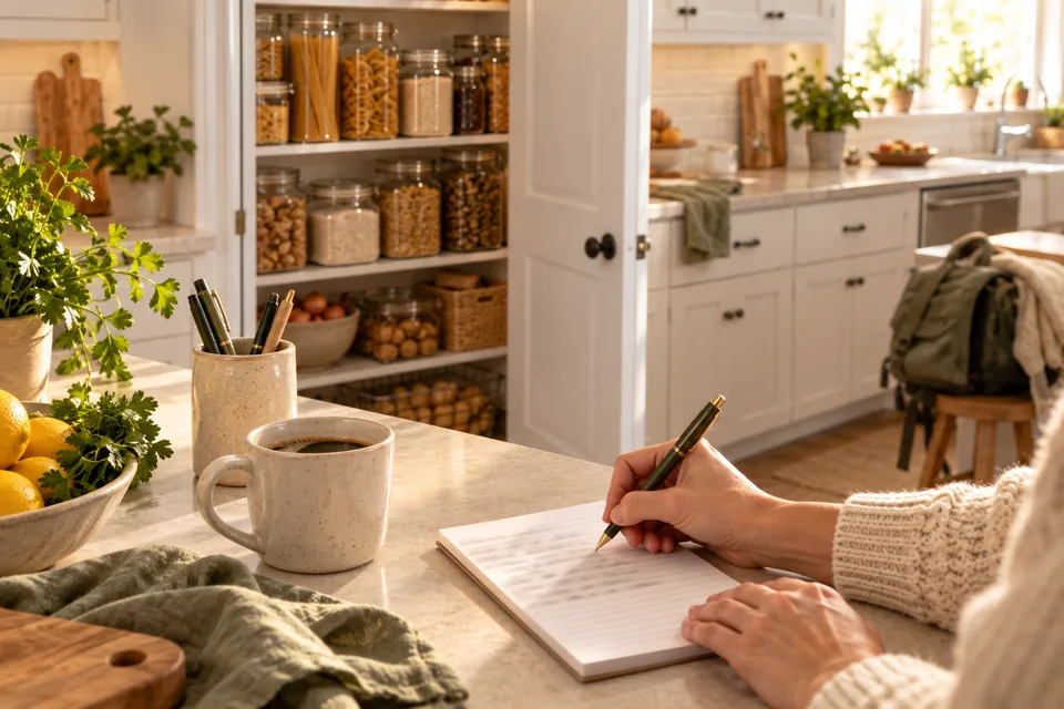A hand writing a list on a lined notepad at the kitchen counter, a coffee mug and a cup of pens beside it, and an open pantry of pasta and rice jars behind.