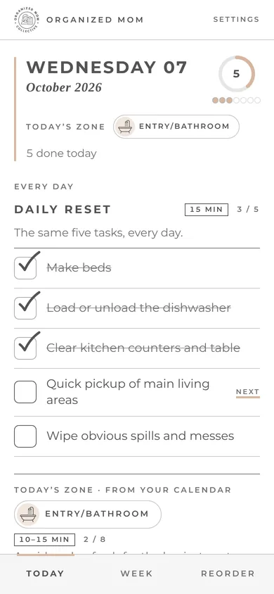 The companion's Today screen: Wednesday's zone, Entry/Bathroom, with the Daily Reset checklist partly ticked off.