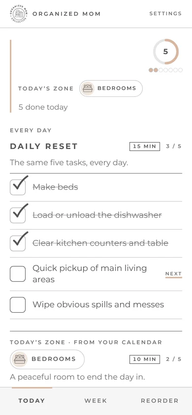 The cleaning companion's Today screen for Tuesday: today's cleaning zone from the calendar and the 15-minute Daily Reset, three of five tasks checked off.