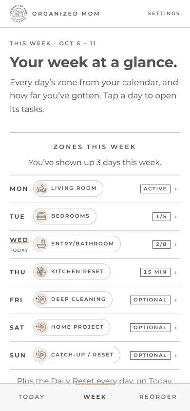 The companion's Week screen: each day's cleaning zone from Monday's Living Room to Sunday's Catch-Up / Reset, with progress for the days so far.