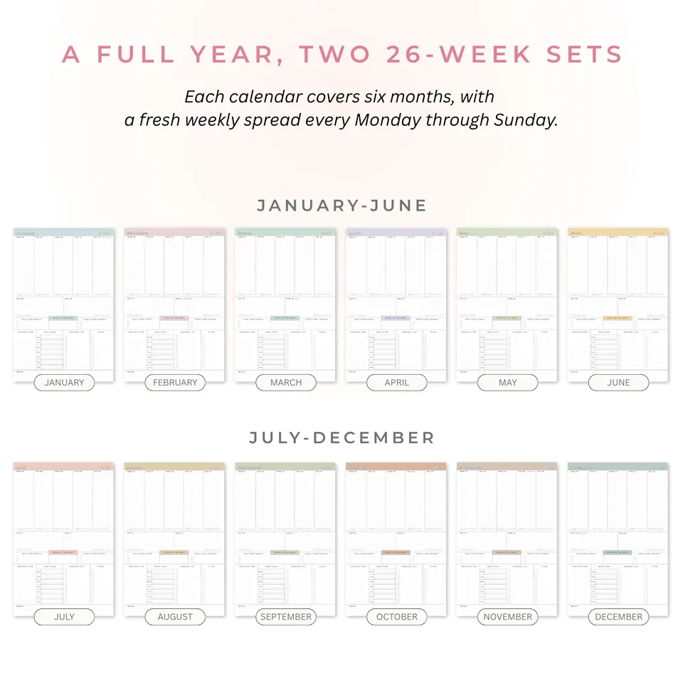 A full year as two 26-week sets, January to June and July to December, each month in its own soft color.